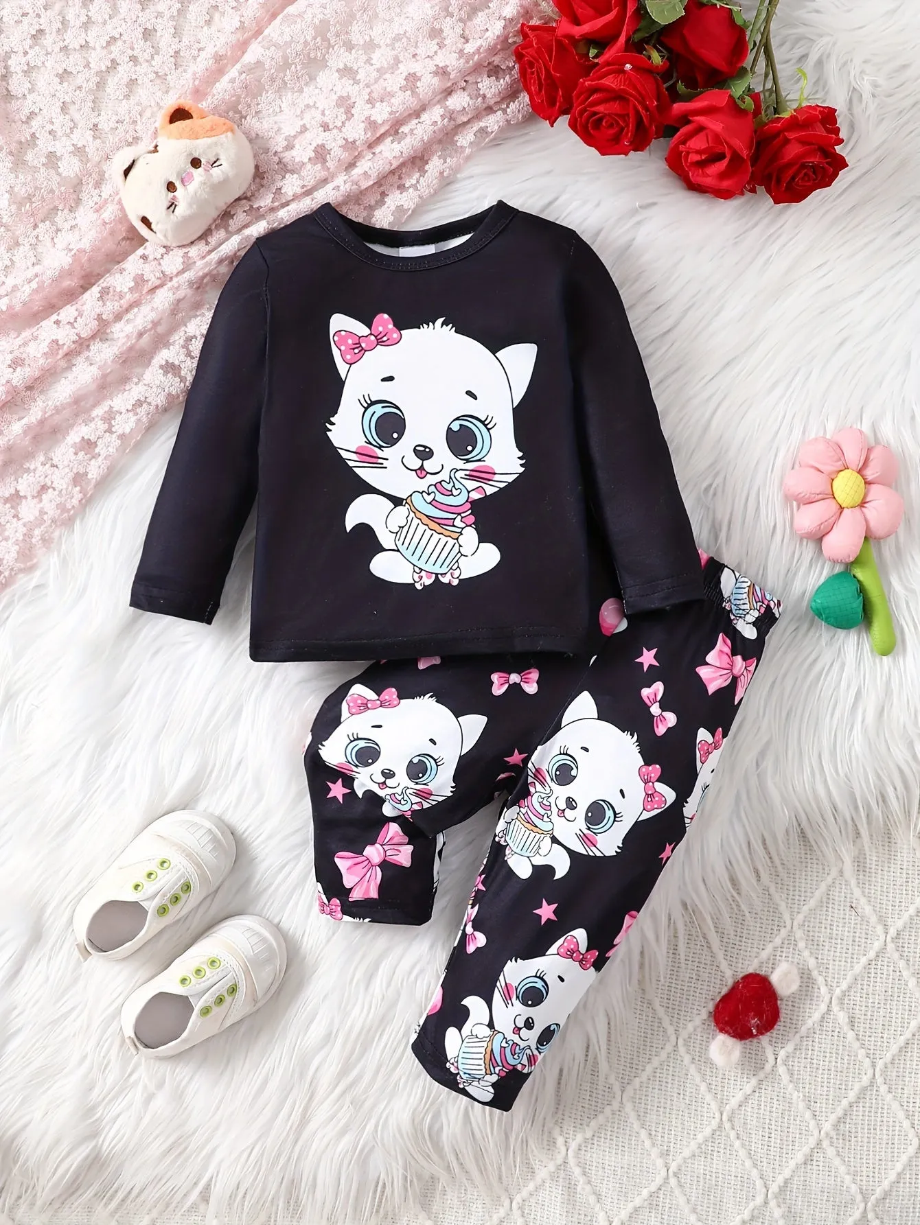 Adorable Baby Girl Cat Print Top  Leopard Pants Set