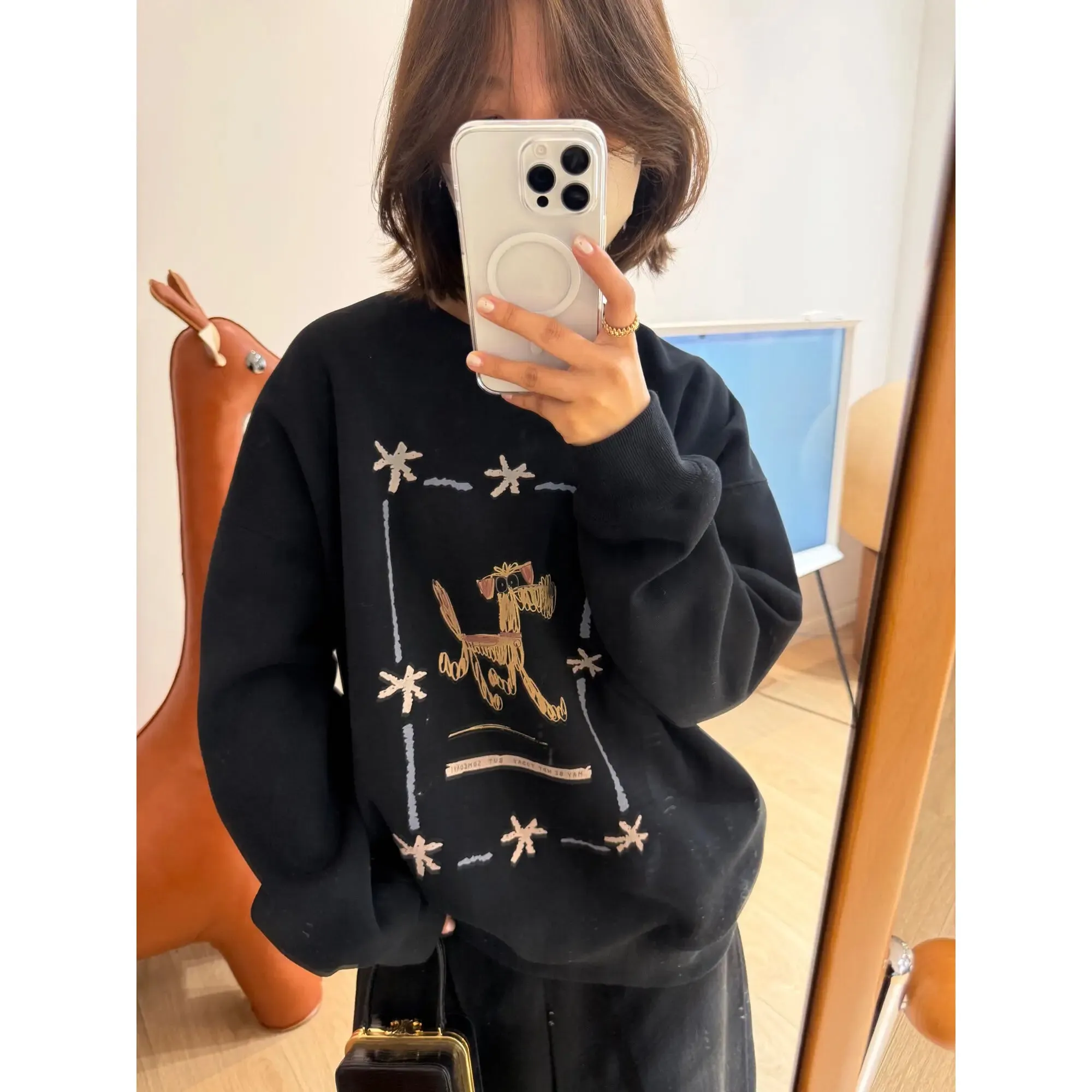 Amozae-Autumn Casual Outfits Amozae-Cartoon Graffiti Dog Fleece Lined Sweatshirt for Women, Warm Printed Hoodie, Casual Loose Pullovers, 24 Winter