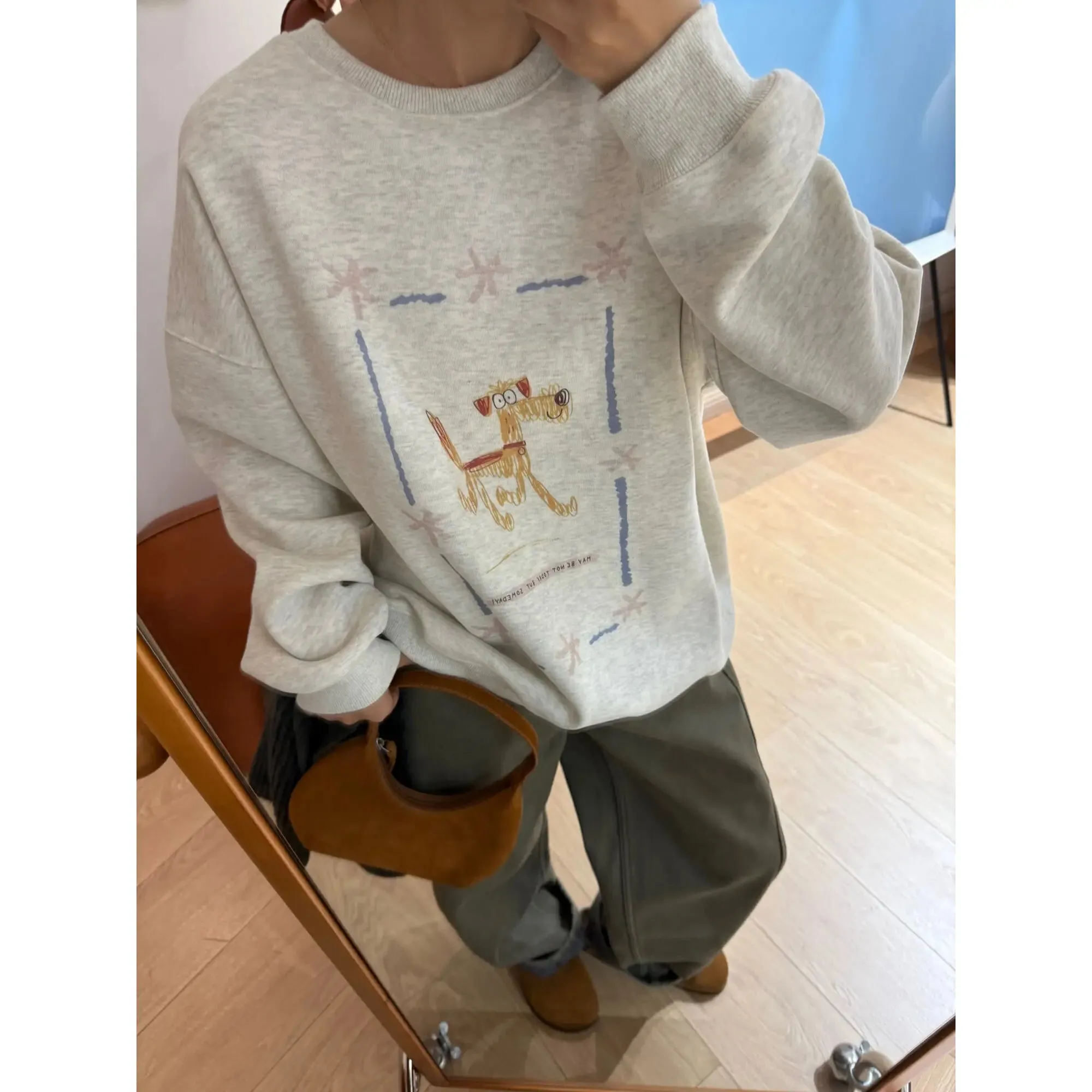 Amozae-Autumn Casual Outfits Amozae-Cartoon Graffiti Dog Fleece Lined Sweatshirt for Women, Warm Printed Hoodie, Casual Loose Pullovers, 24 Winter