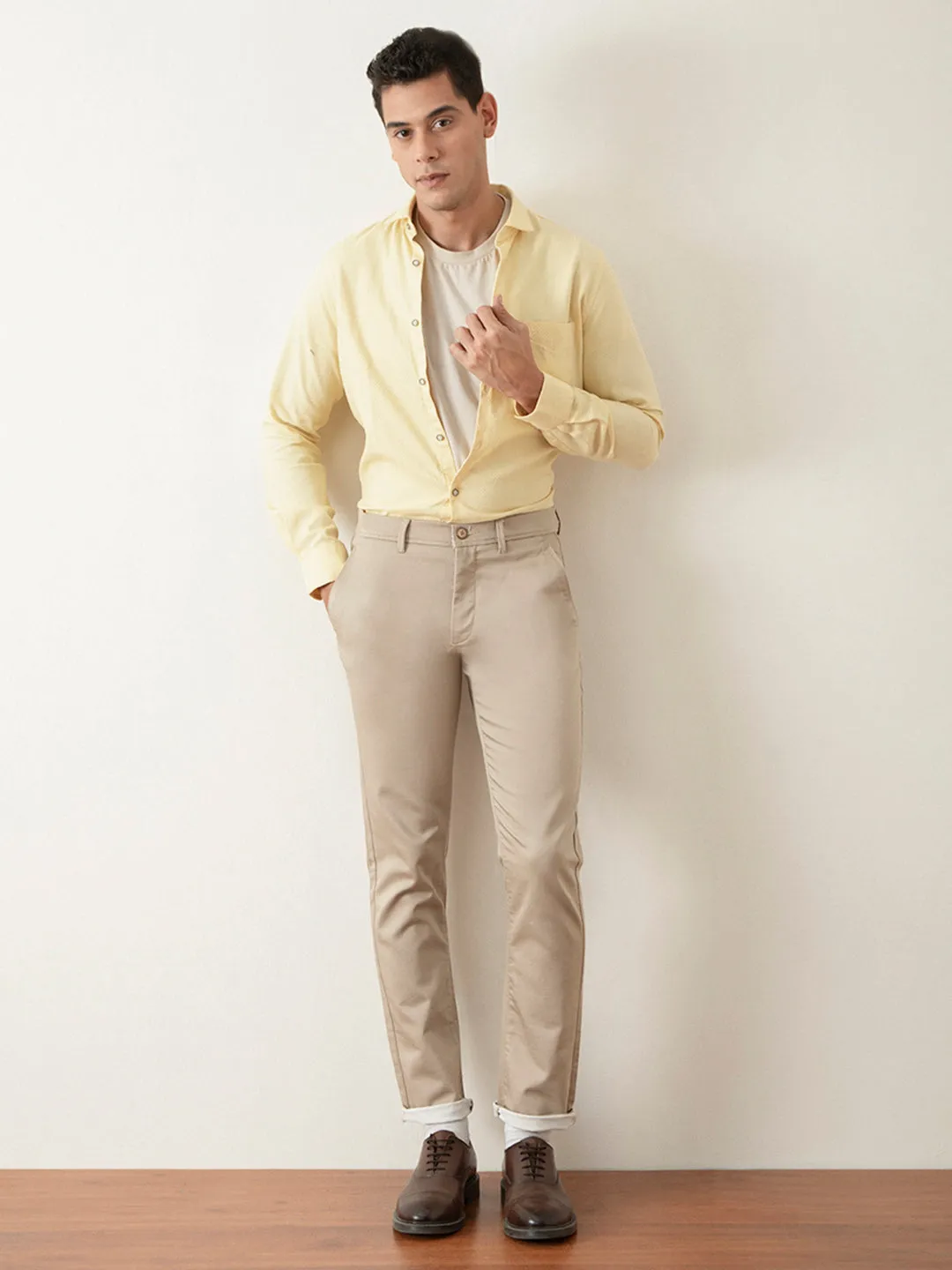 Beige Plain Stretch Trouser