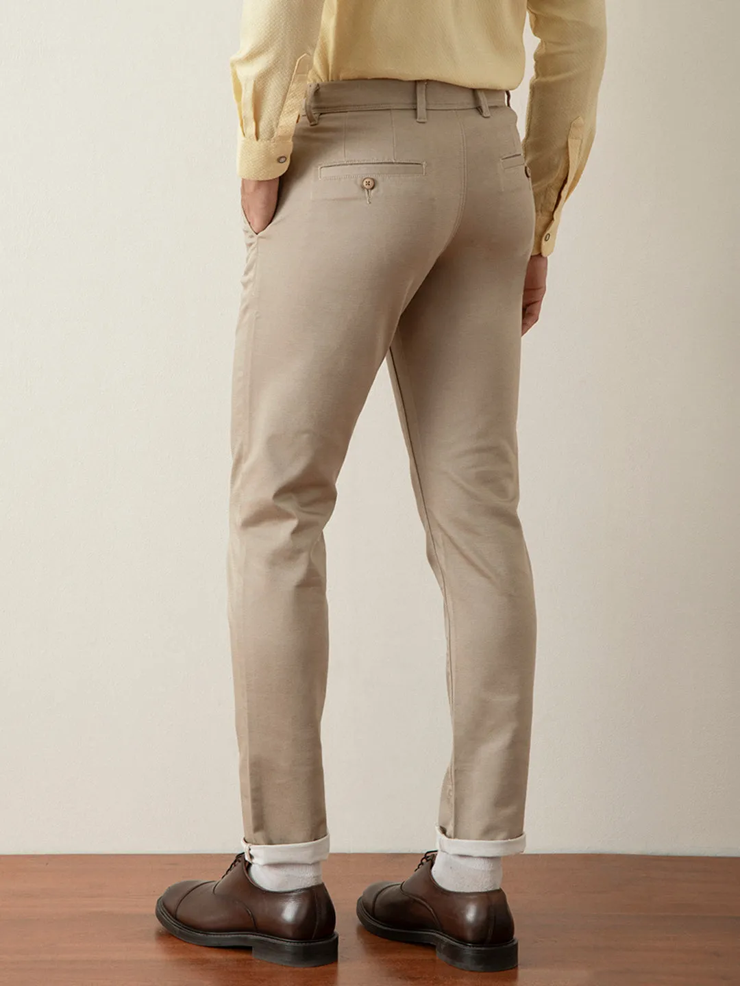 Beige Plain Stretch Trouser