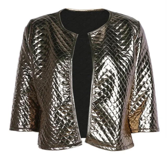 Blazer Women Vogue Lozenge Women Gold Sequins Jackets Three Quater Sleeve Coats Outwears Wholesize S-2XL