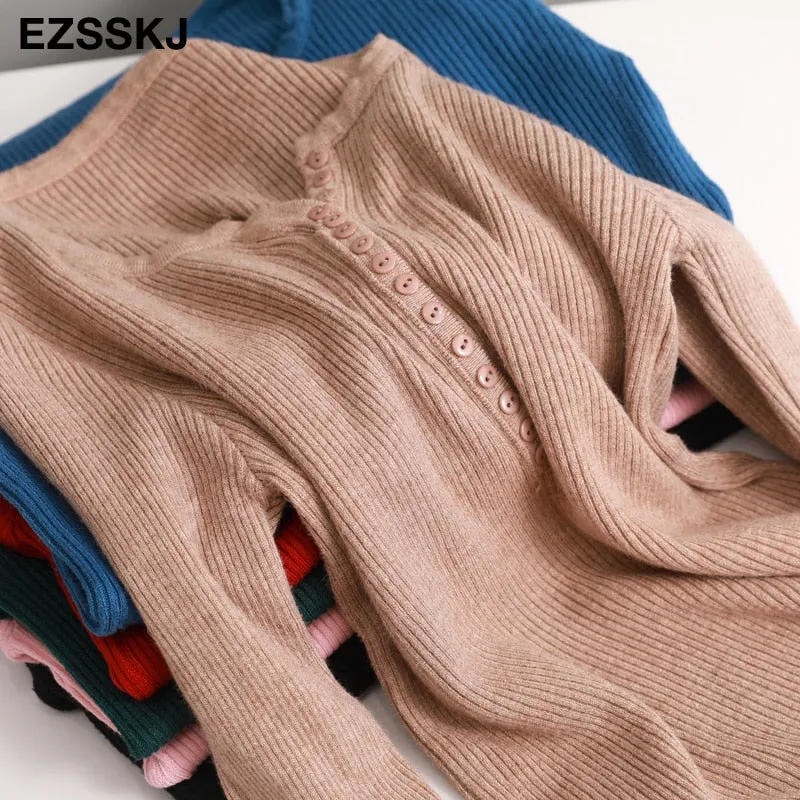 casual Autumn spring Basic Sweater pullovers Women v-neck Solid Knit Slim Pullover female Long Sleeve warm button Sweater