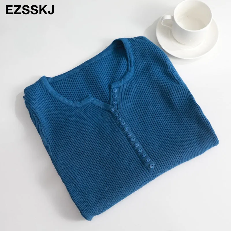 casual Autumn spring Basic Sweater pullovers Women v-neck Solid Knit Slim Pullover female Long Sleeve warm button Sweater