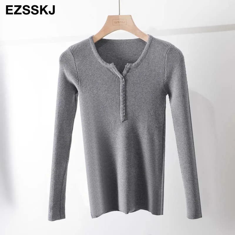 casual Autumn spring Basic Sweater pullovers Women v-neck Solid Knit Slim Pullover female Long Sleeve warm button Sweater