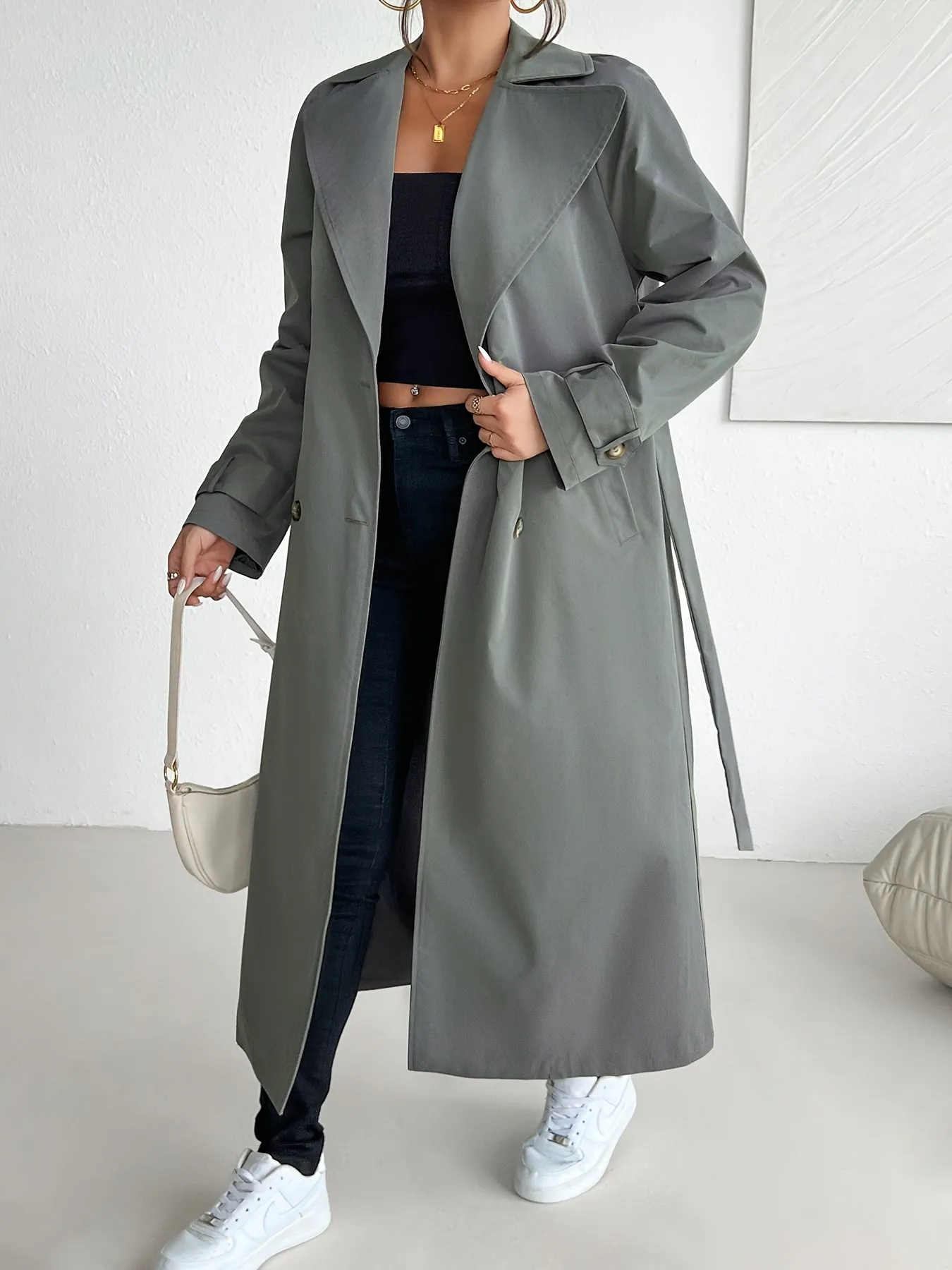 Casual Solid Color Belted Trench Coat for Women | Ideal for Autumn