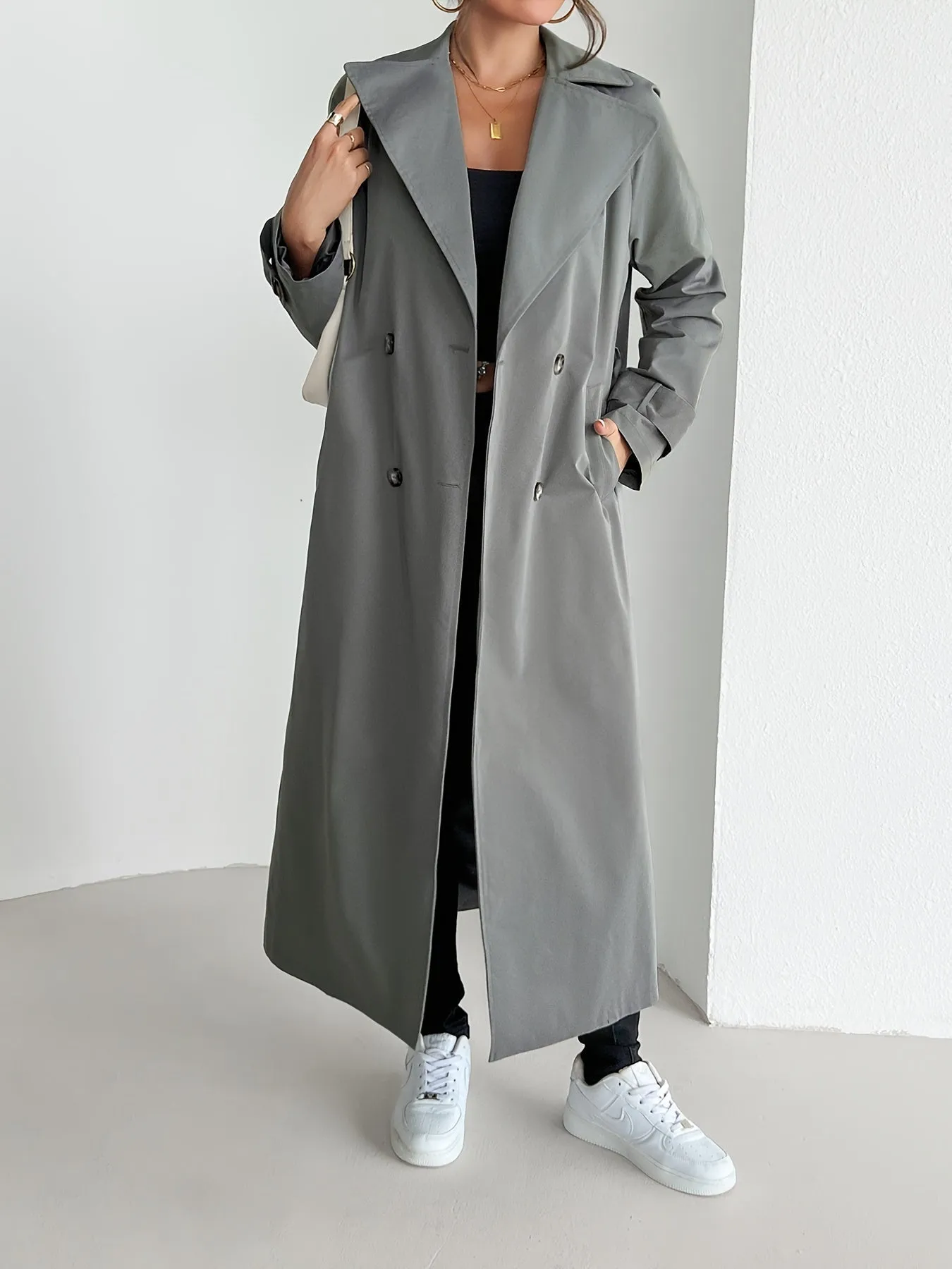 Casual Solid Color Belted Trench Coat for Women | Ideal for Autumn