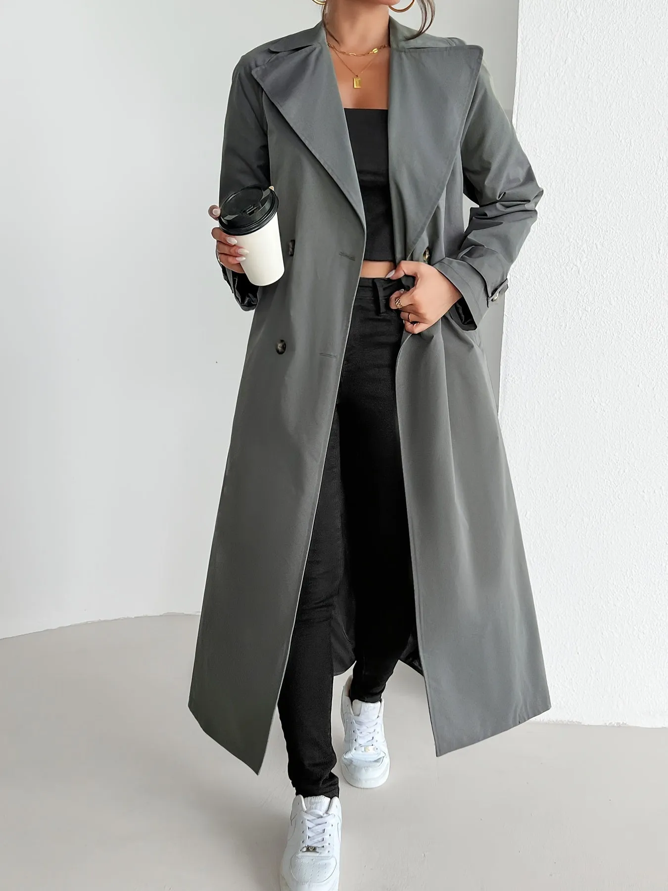 Casual Solid Color Belted Trench Coat for Women | Ideal for Autumn