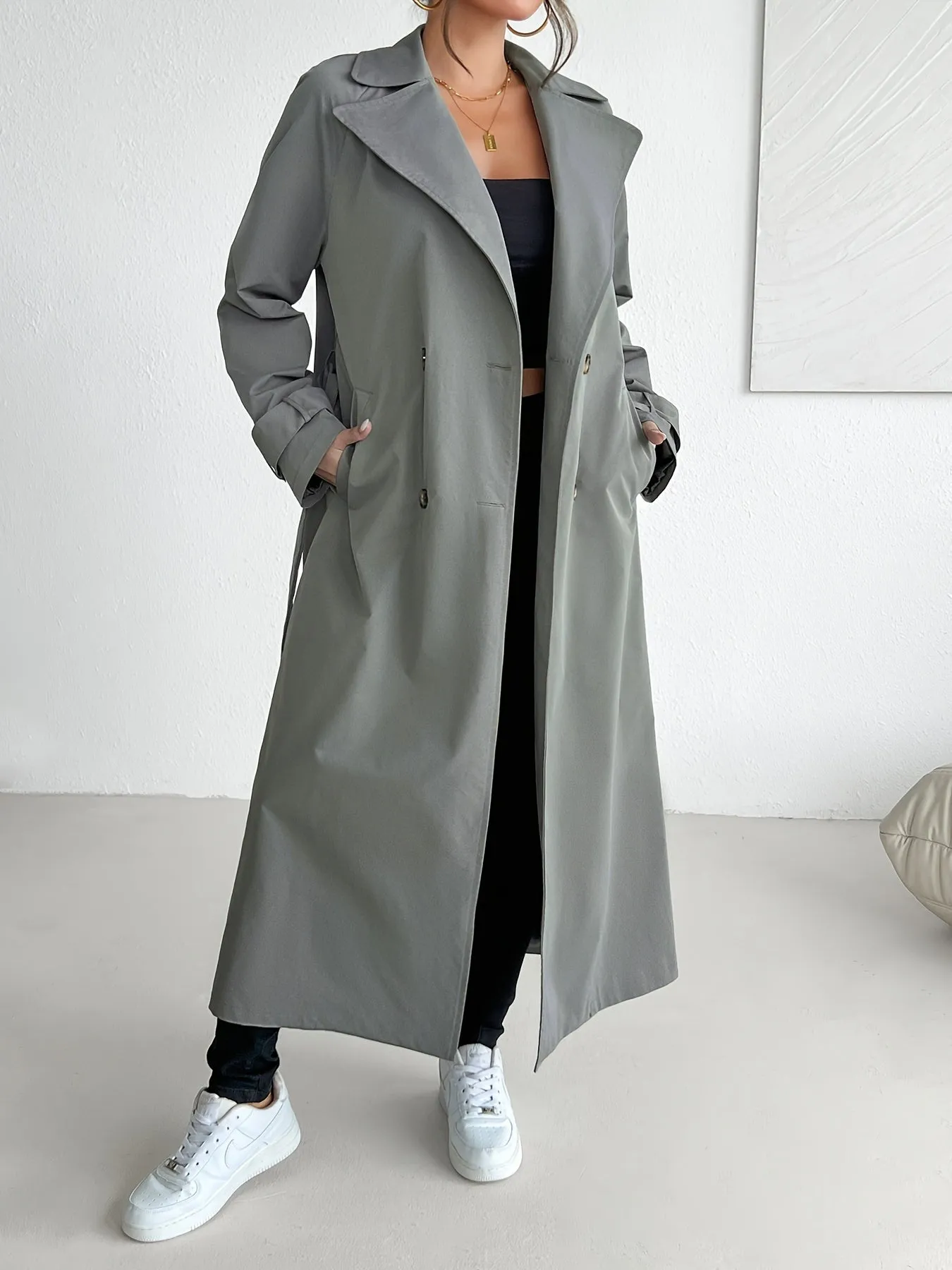 Casual Solid Color Belted Trench Coat for Women | Ideal for Autumn