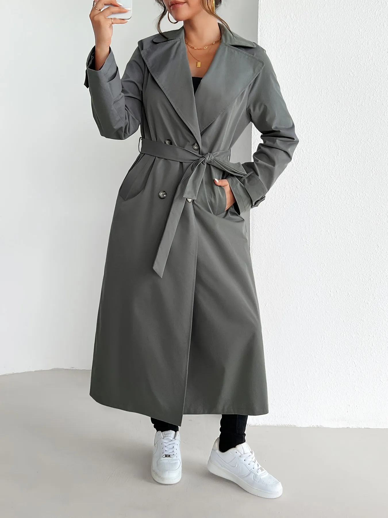 Casual Solid Color Belted Trench Coat for Women | Ideal for Autumn