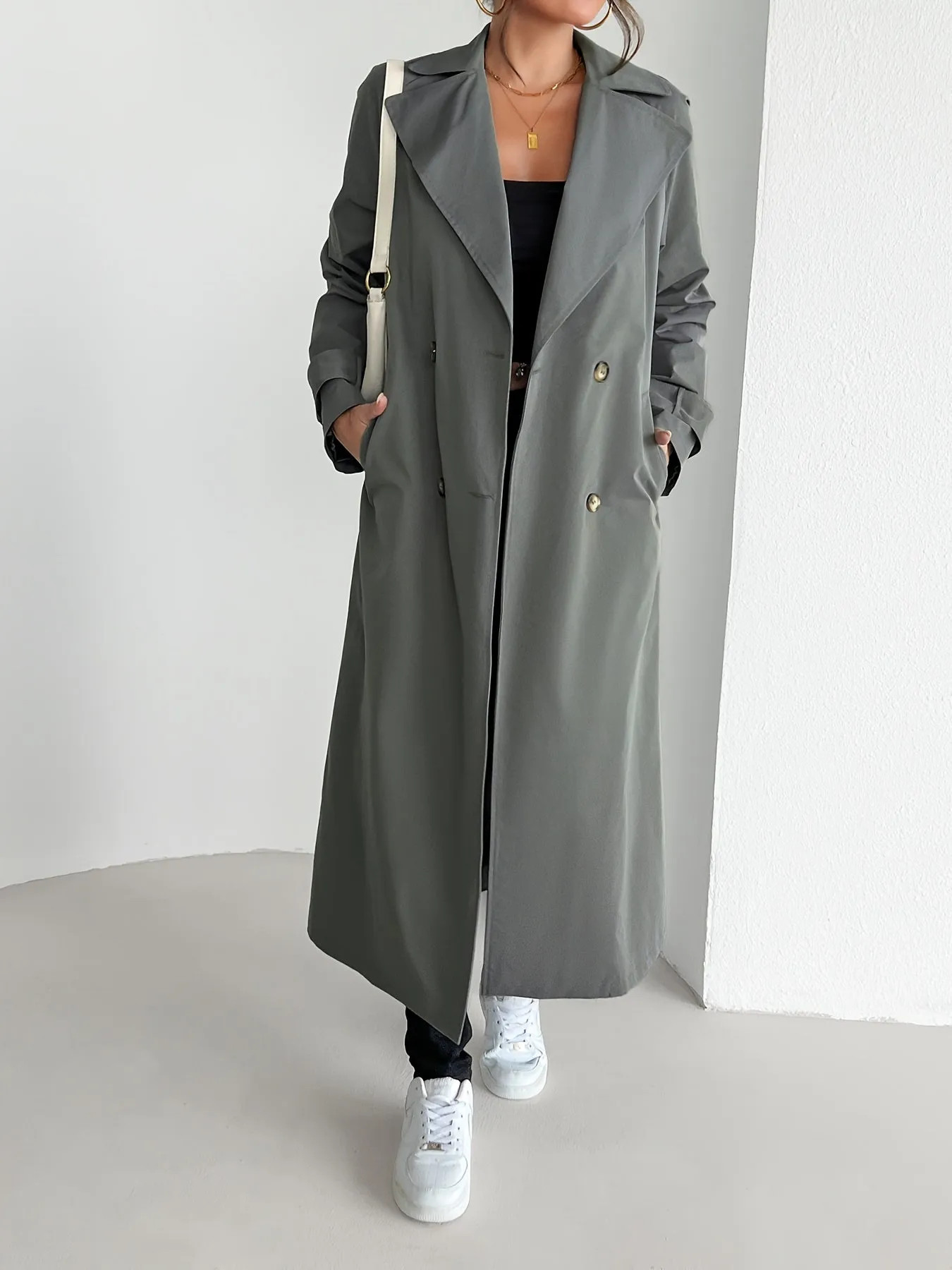 Casual Solid Color Belted Trench Coat for Women | Ideal for Autumn