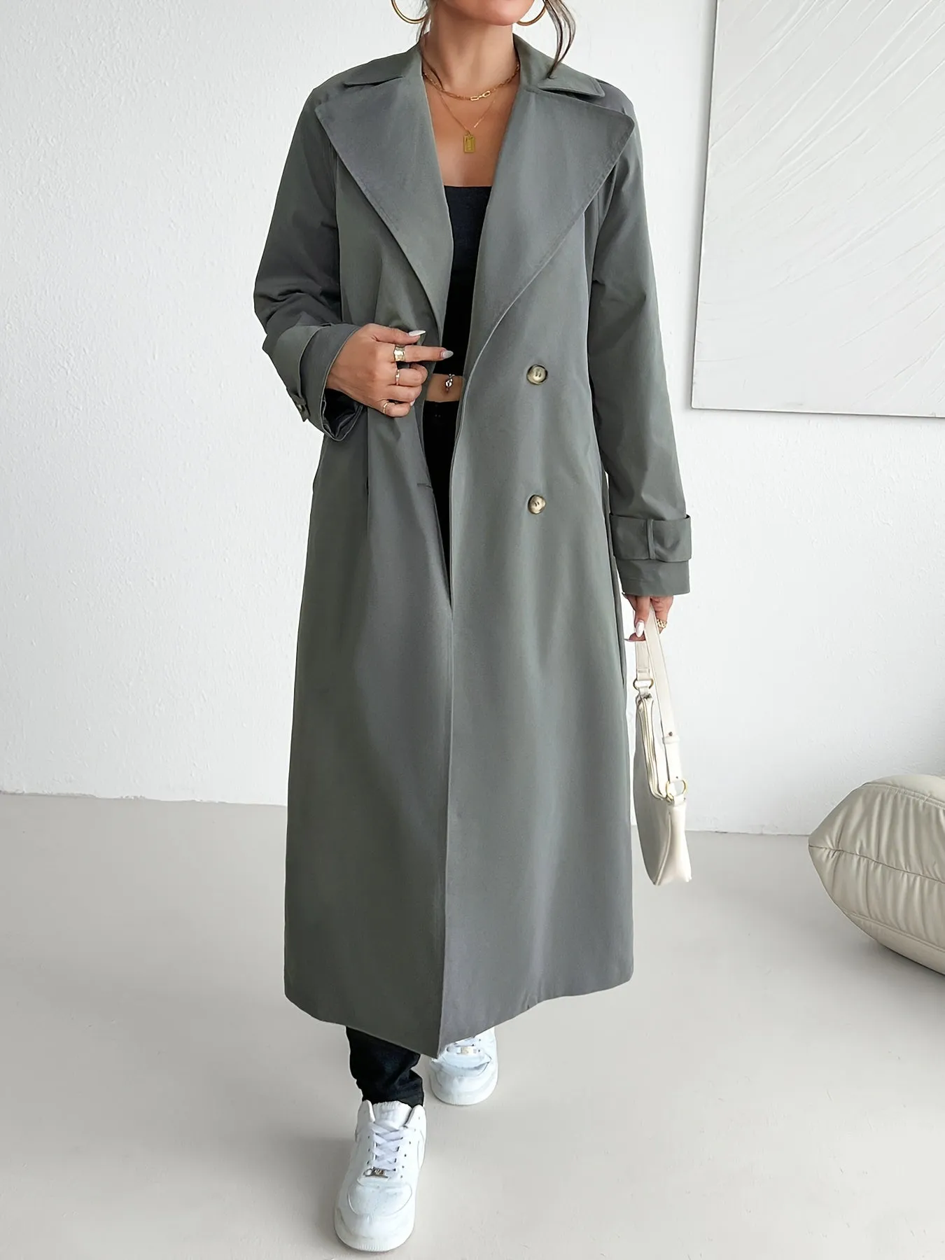 Casual Solid Color Belted Trench Coat for Women | Ideal for Autumn