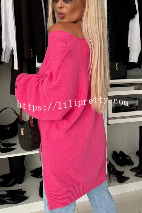 Cold Weather Knit Solid Color Long Sleeve V-neck Irregular Relaxed Sweater