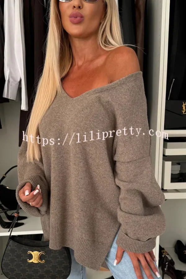 Cold Weather Knit Solid Color Long Sleeve V-neck Irregular Relaxed Sweater