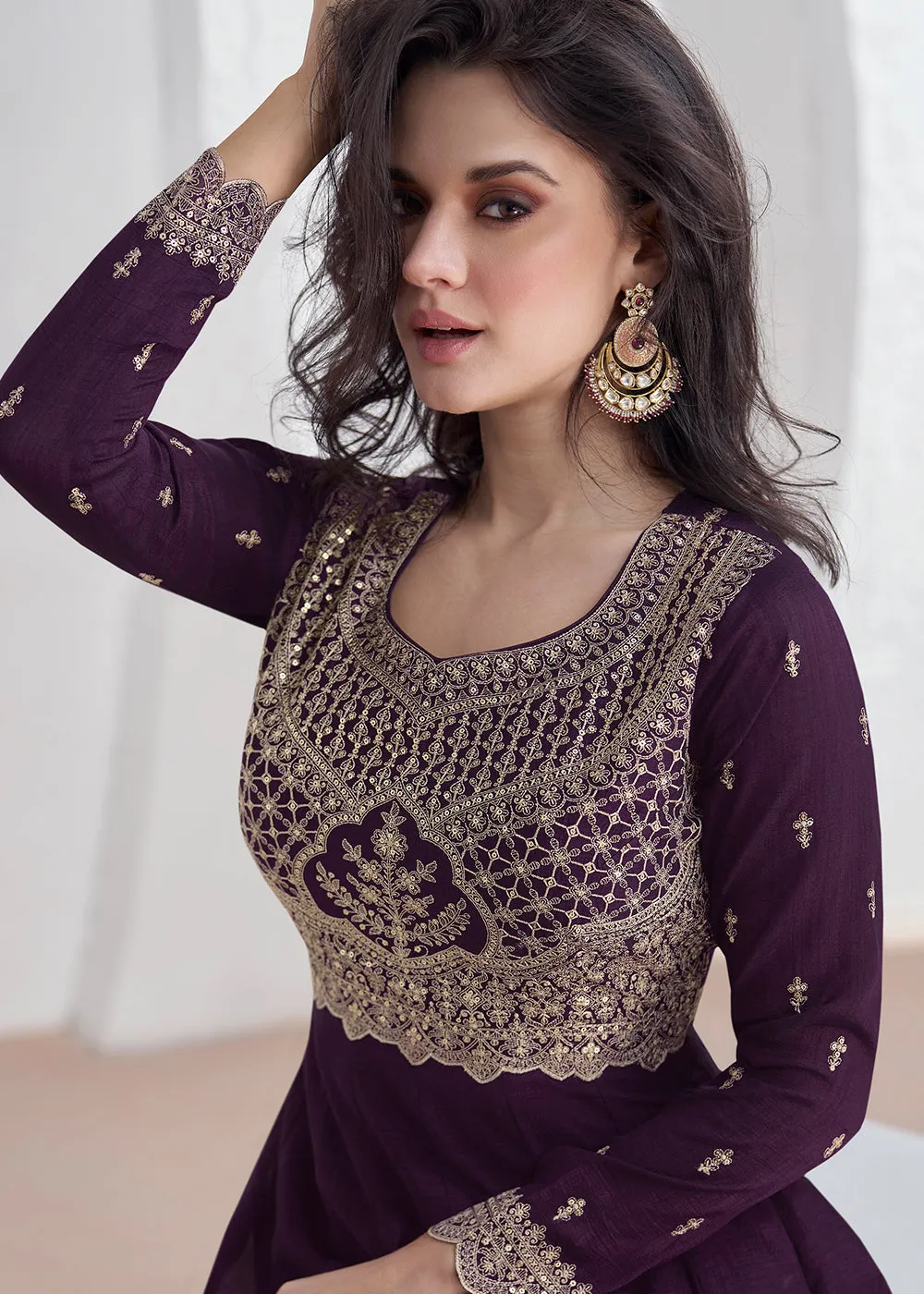 Elegant Purple Embroidered Silk Wedding Anarkali Dress