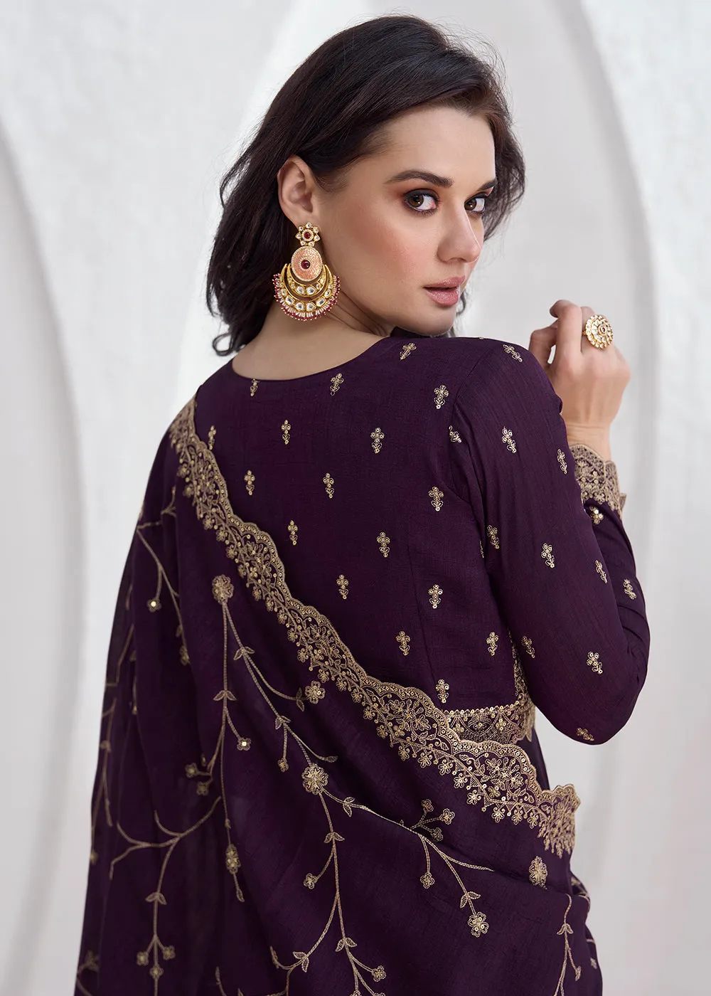 Elegant Purple Embroidered Silk Wedding Anarkali Dress