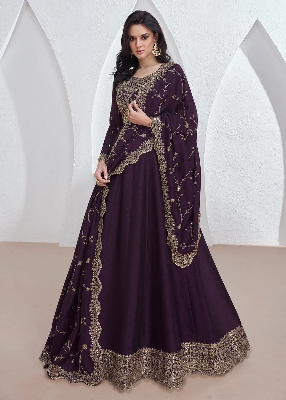 Elegant Purple Embroidered Silk Wedding Anarkali Dress