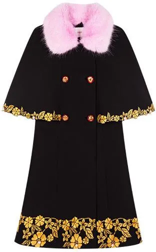 Embroidered Short Cape-Coat with Fur Collar