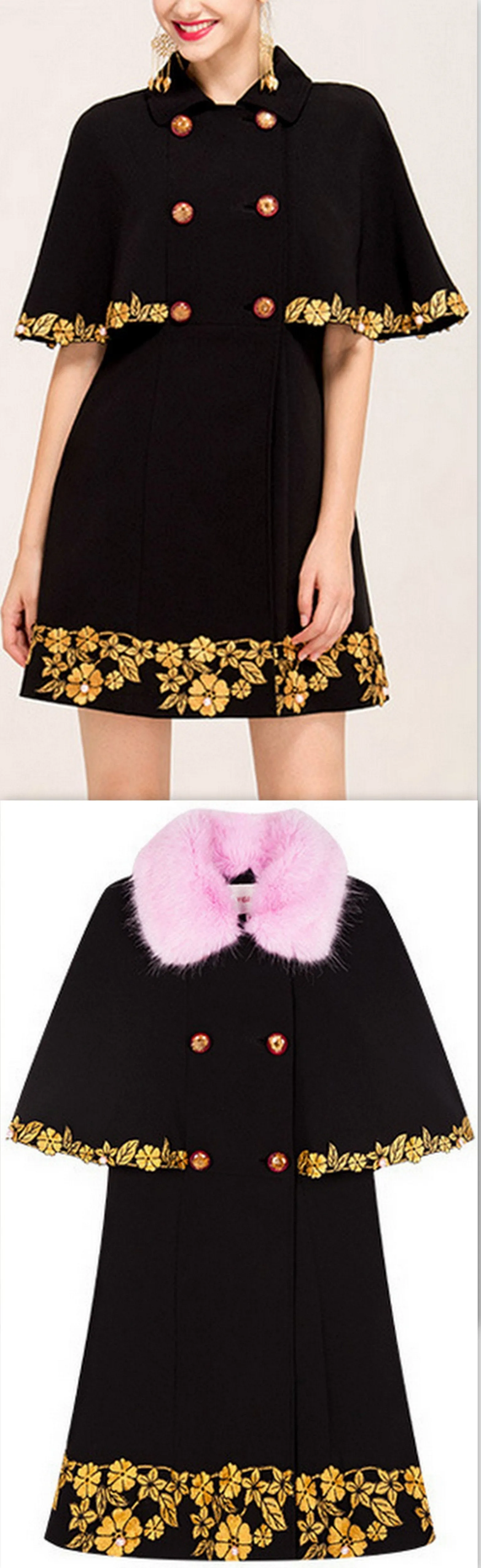 Embroidered Short Cape-Coat with Fur Collar