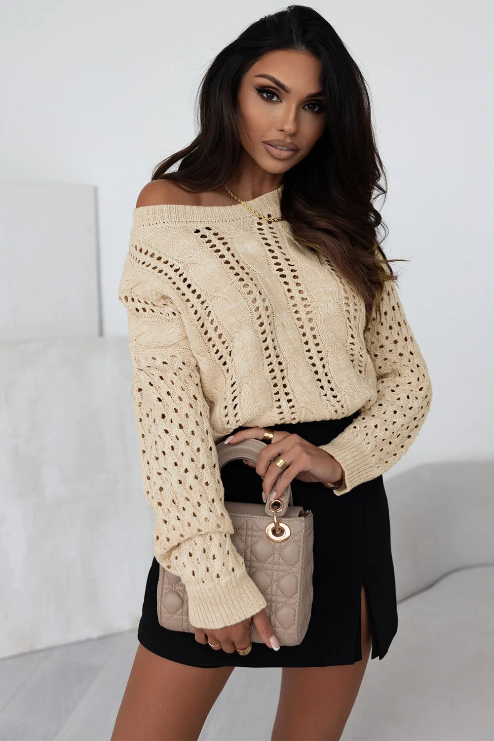 Eyelets Cable Knit Drop Shoulder Sweater