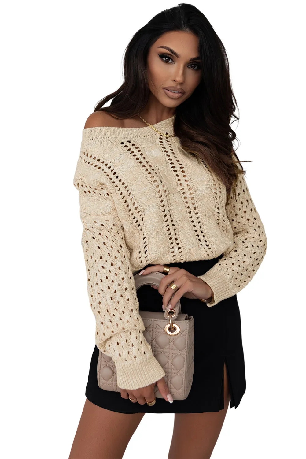 Eyelets Cable Knit Drop Shoulder Sweater