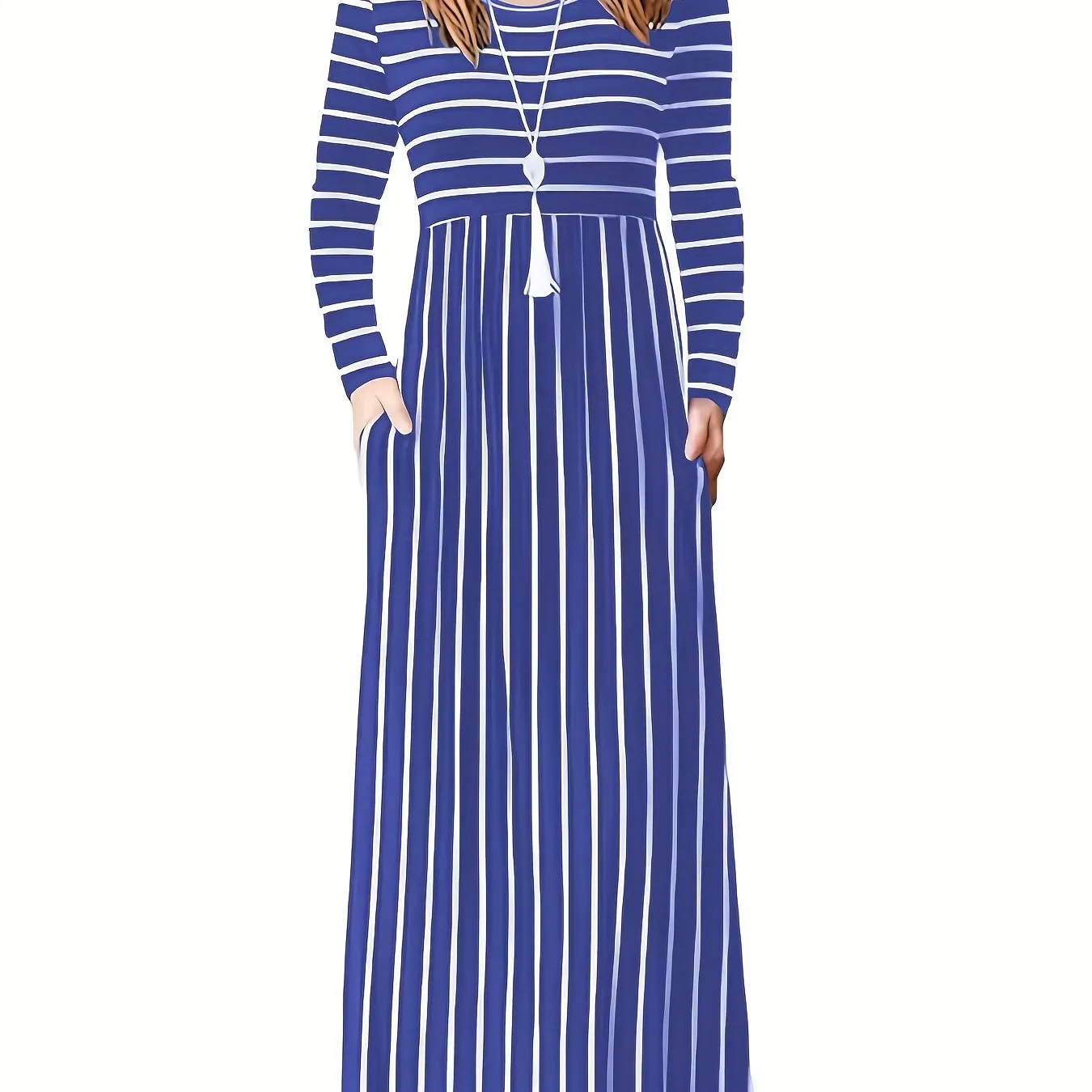 Fall/Winter Chic: Cozy Geometric High-Waist Maxi Dress with Crew Neck, Long Sleeves - Durable & Easy-Care, Perfect for Daily Wear