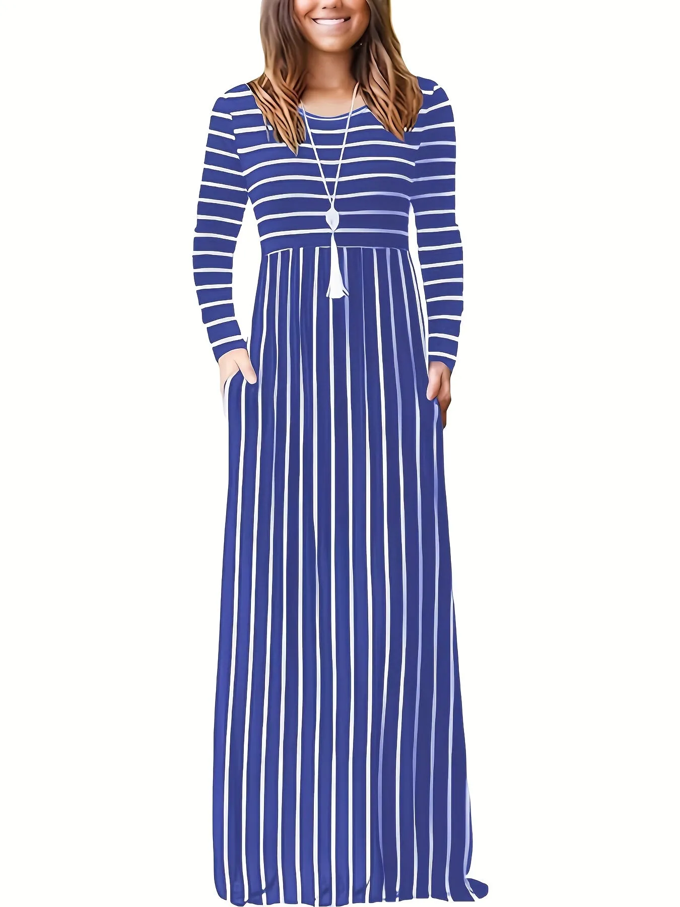 Fall/Winter Chic: Cozy Geometric High-Waist Maxi Dress with Crew Neck, Long Sleeves - Durable & Easy-Care, Perfect for Daily Wear