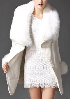 Faux-Fur Collar & Cuff Wool Peacoat in White