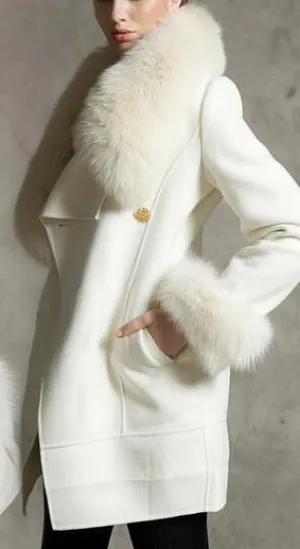 Faux-Fur Collar & Cuff Wool Peacoat in White