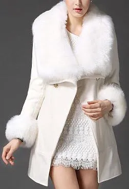 Faux-Fur Collar & Cuff Wool Peacoat in White