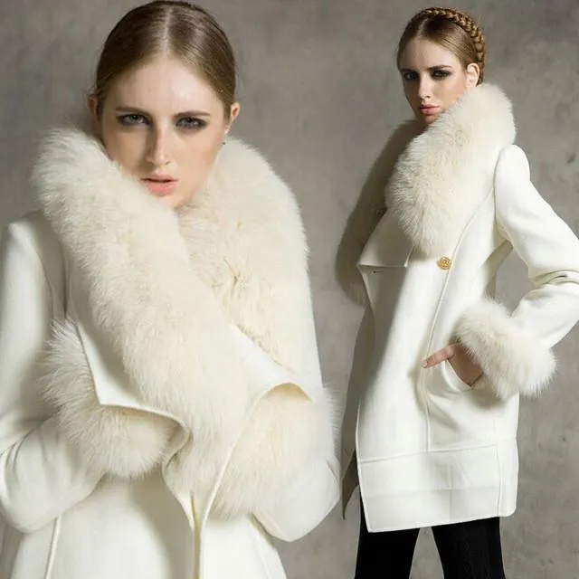 Faux-Fur Collar & Cuff Wool Peacoat in White