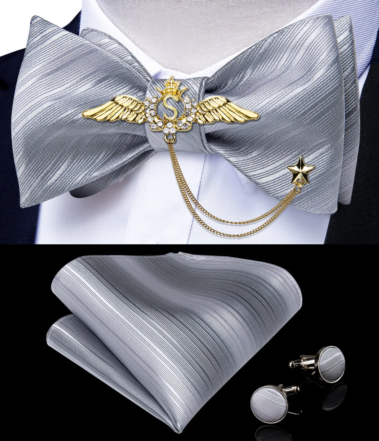 Grey Solid Self-Bowtie Pocket Square Cufflinks With Wing Lapel Pin