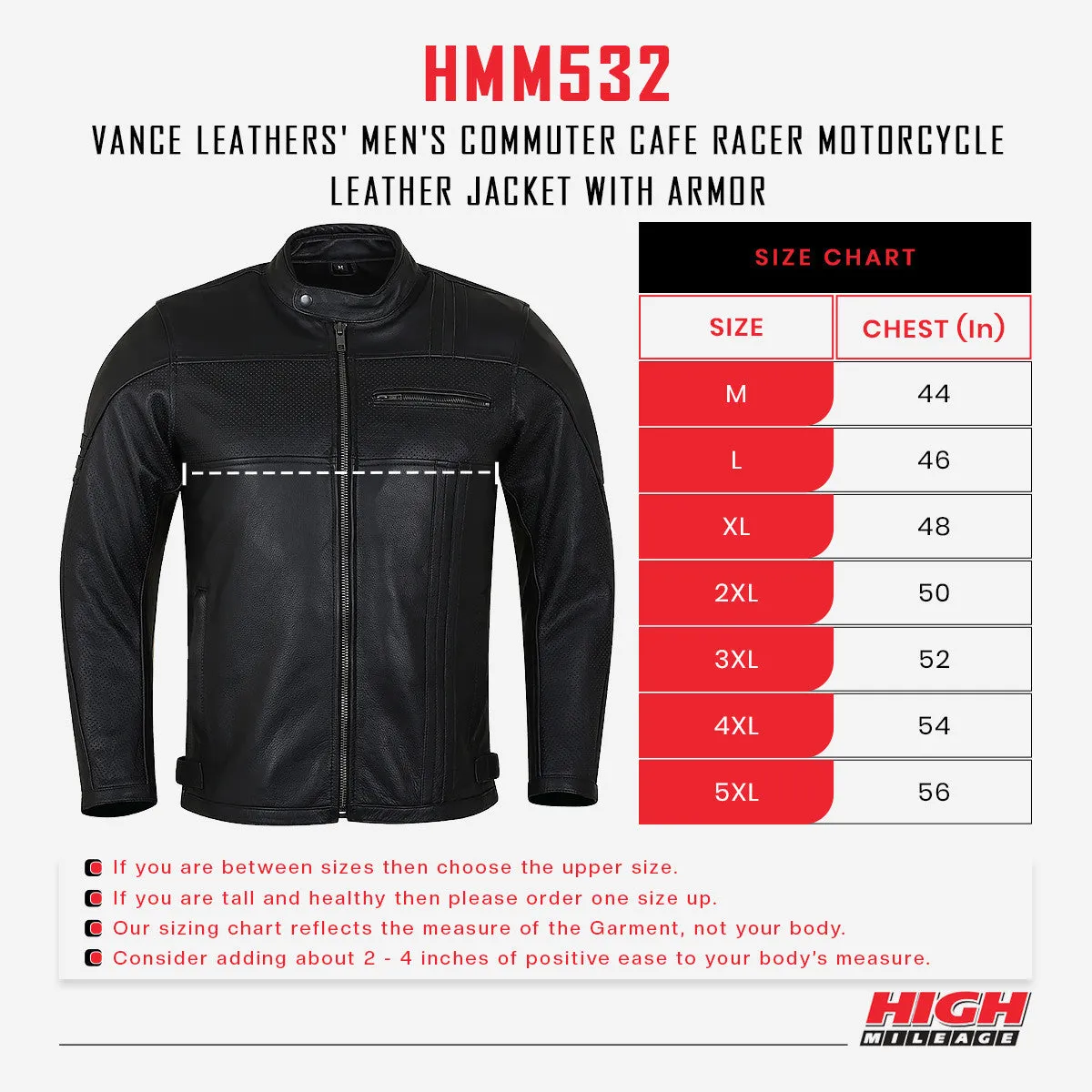 High Mileage Mens Premium Commuter Cafe Racer Motorcycle Leather Jacket with Removeable CE Armor