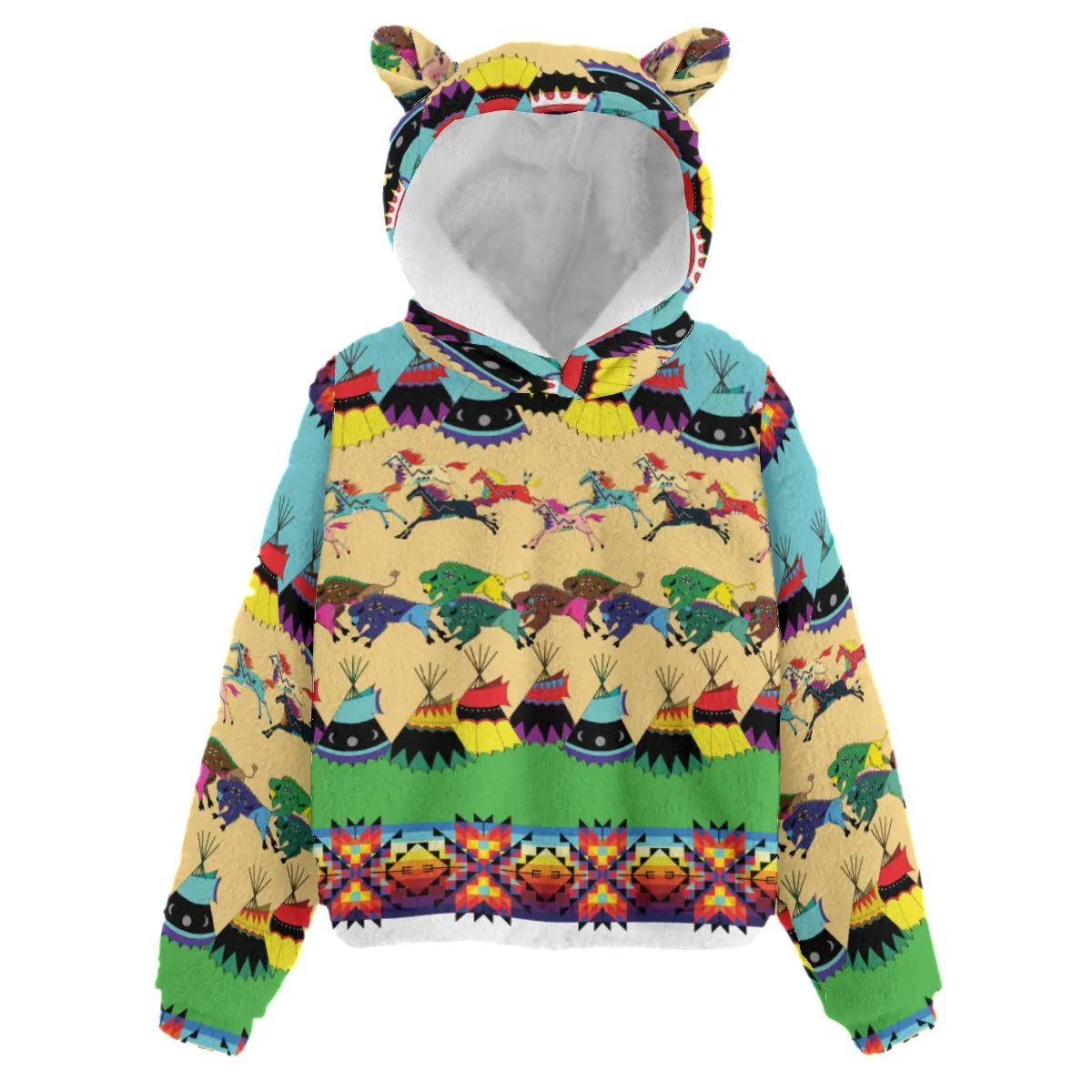 Horses and Buffalo Ledger White Kid’s Borg Fleece Hoodie With Ear