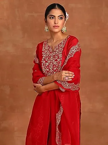 INDO ERA Women's Red Embroidered Straight Kurta Palazzo with Dupatta Set (IEOUT4697_XX-Large)