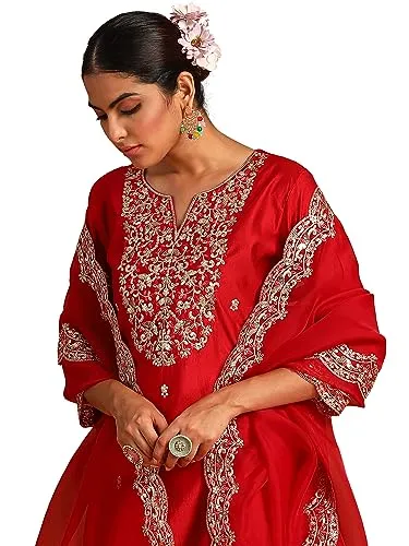 INDO ERA Women's Red Embroidered Straight Kurta Palazzo with Dupatta Set (IEOUT4697_XX-Large)