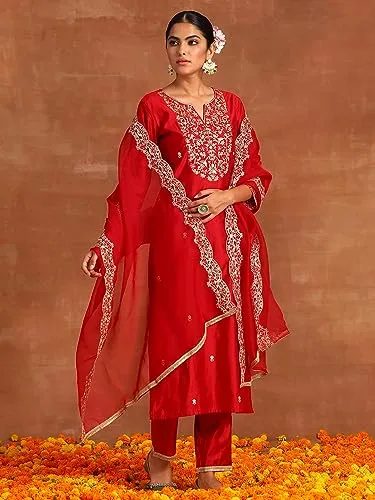 INDO ERA Women's Red Embroidered Straight Kurta Palazzo with Dupatta Set (IEOUT4697_XX-Large)