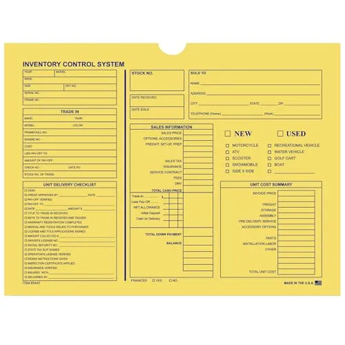 Inventory Control Jacket for Motorcycle, Boat, and RV Dealership - 12" × 9" Dimensions, Sturdy 32# Kraft Paper (7 Pt.) - Shrink-Wrapped Packs