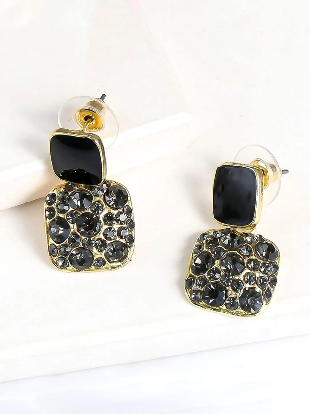 Kairangi Earrings For Women Black Stone Studded Geometrical Shape Stud Drop Earrings For Women and Girls