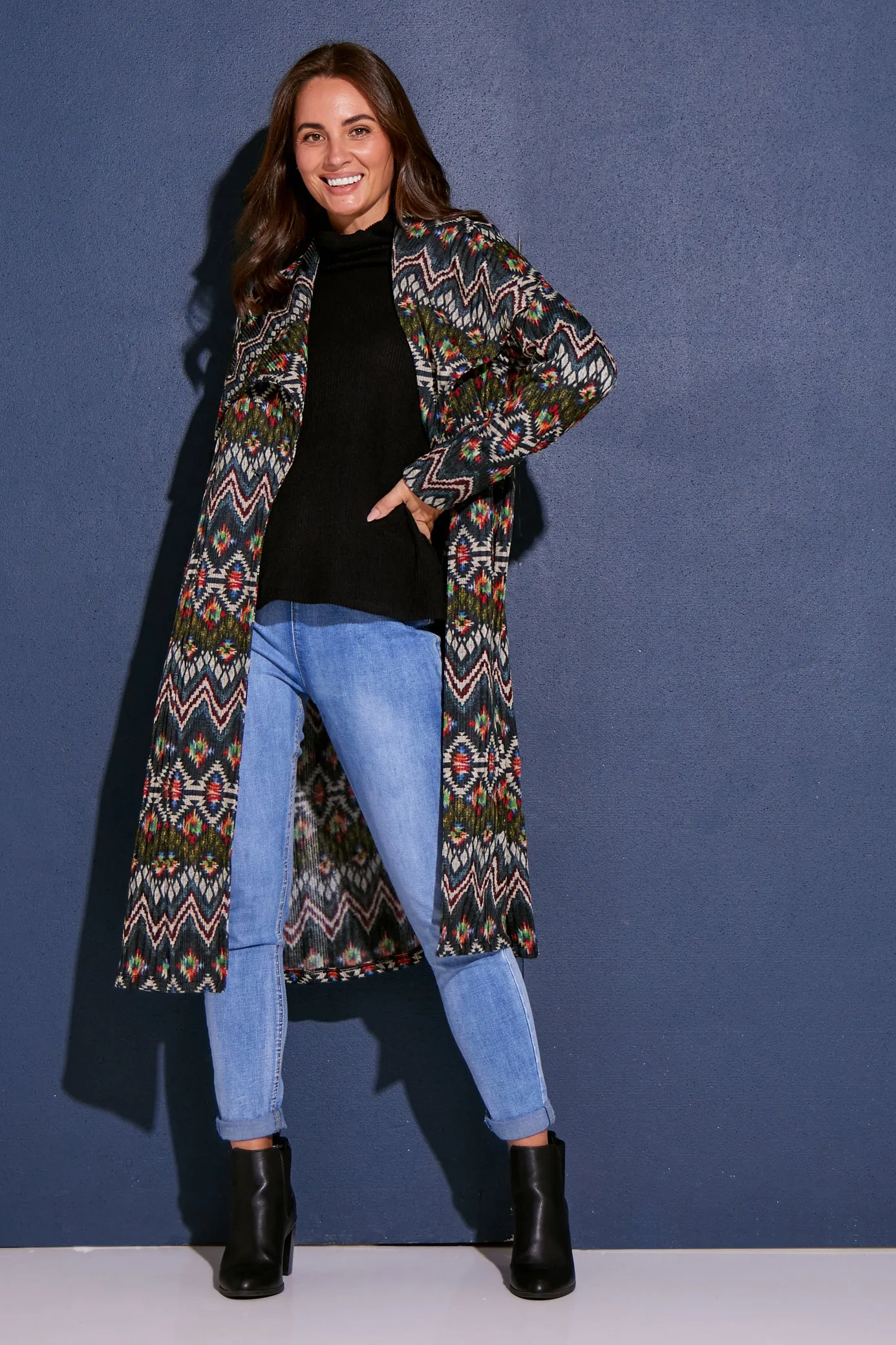 Lara Fleece Trench Coat - Navy Aztec