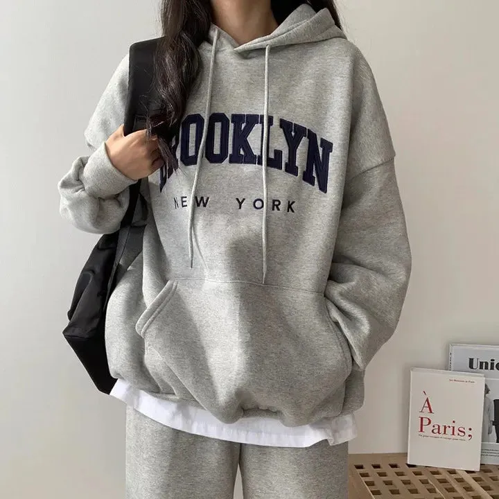 Letter Print Women Sweatshirt New Warm Full Sleeve Hoodies Ladies Streetwear Winter Pullovers Loose Clothes Hooded Pocket