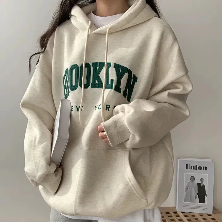 Letter Print Women Sweatshirt New Warm Full Sleeve Hoodies Ladies Streetwear Winter Pullovers Loose Clothes Hooded Pocket