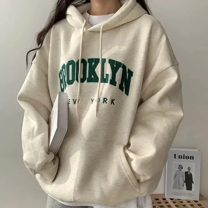 Letter Print Women Sweatshirt New Warm Full Sleeve Hoodies Ladies Streetwear Winter Pullovers Loose Clothes Hooded Pocket