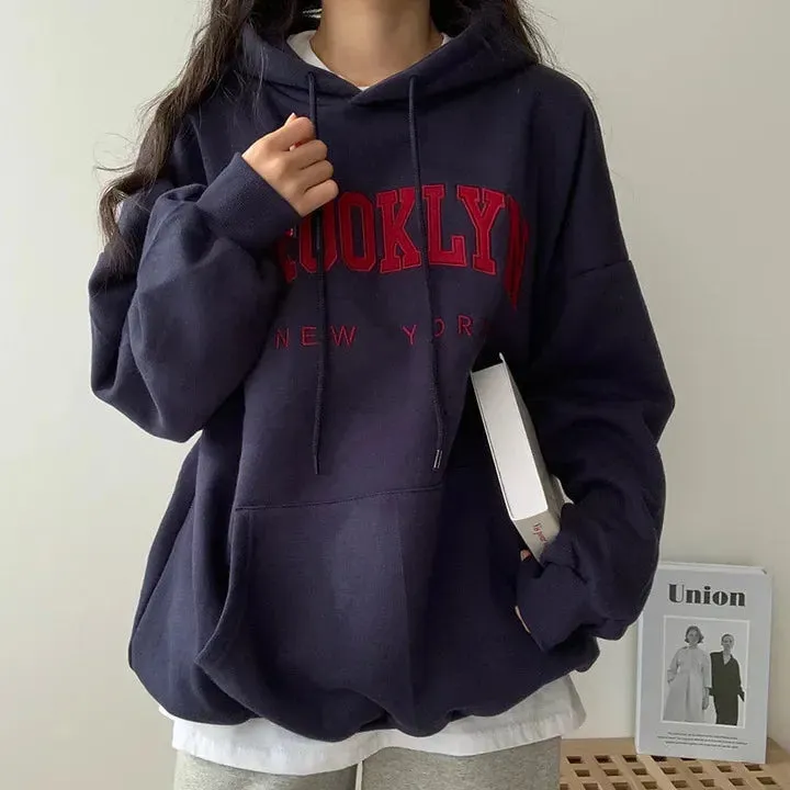 Letter Print Women Sweatshirt New Warm Full Sleeve Hoodies Ladies Streetwear Winter Pullovers Loose Clothes Hooded Pocket