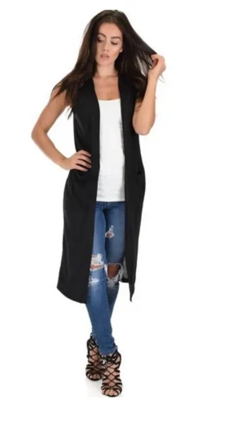 Long-line Black Cardigan Vest With Pockets