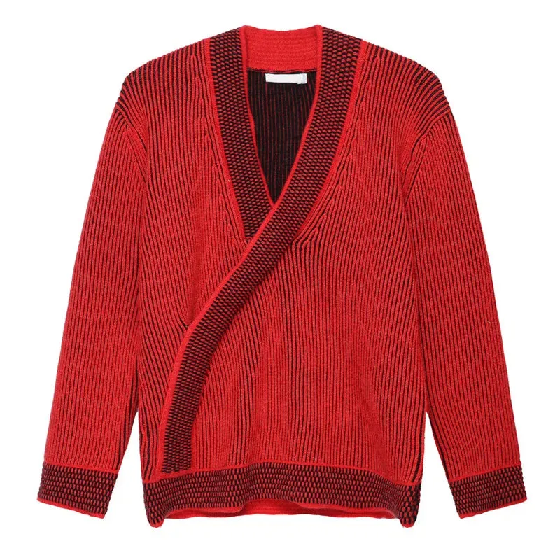 Male Pullover Sweaters Stripe V-neck Men's Knitting Pullovers Casual Spring Trendy Red Men Clothing 9C4288