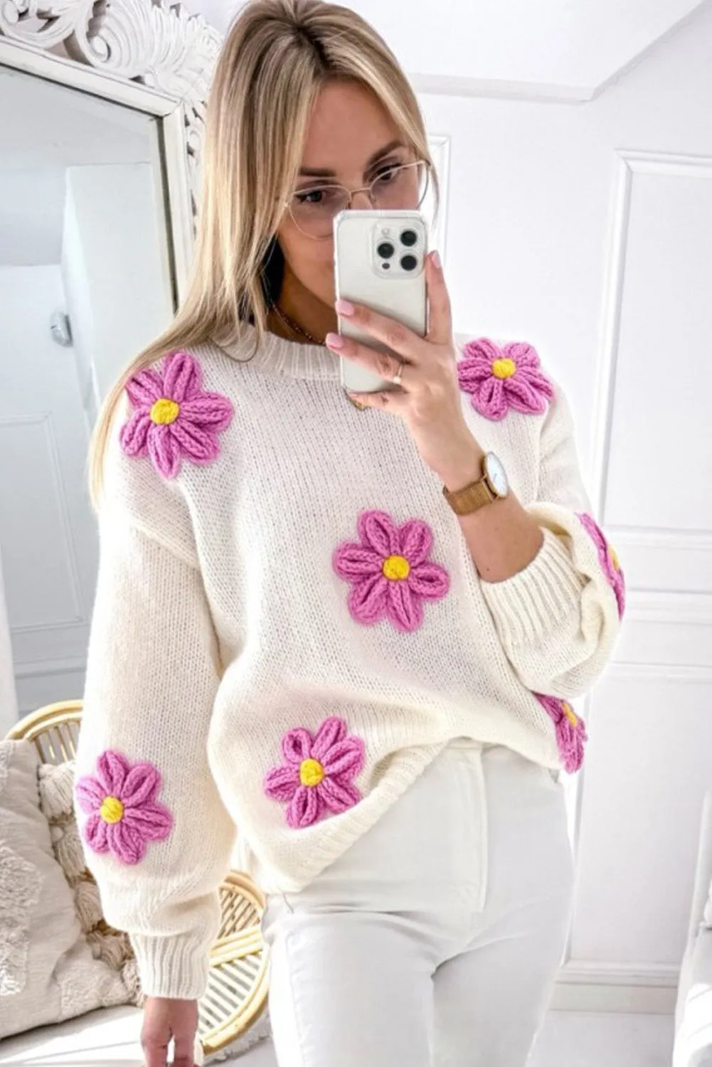 Plus Size Flower Crochet Knit Sweater