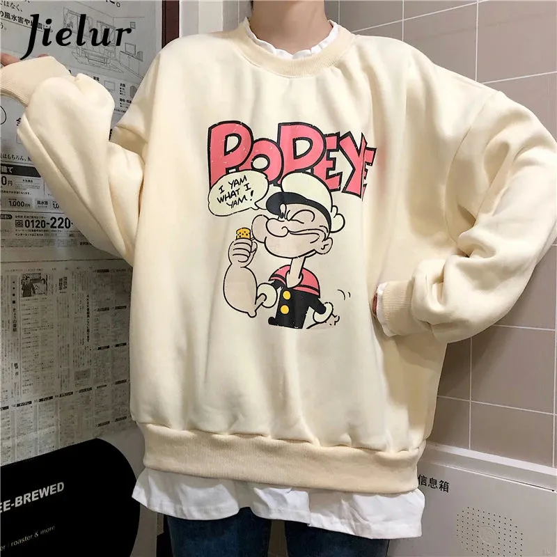 Popeye Cartoon Fake Two Pieces Sweatshirts Female Loose Printed Hoodies Beige Pullovers Kawaii Lovely Women Clothes M-XL