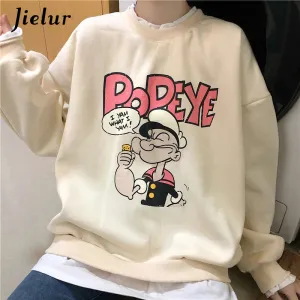 Popeye Cartoon Fake Two Pieces Sweatshirts Female Loose Printed Hoodies Beige Pullovers Kawaii Lovely Women Clothes M-XL