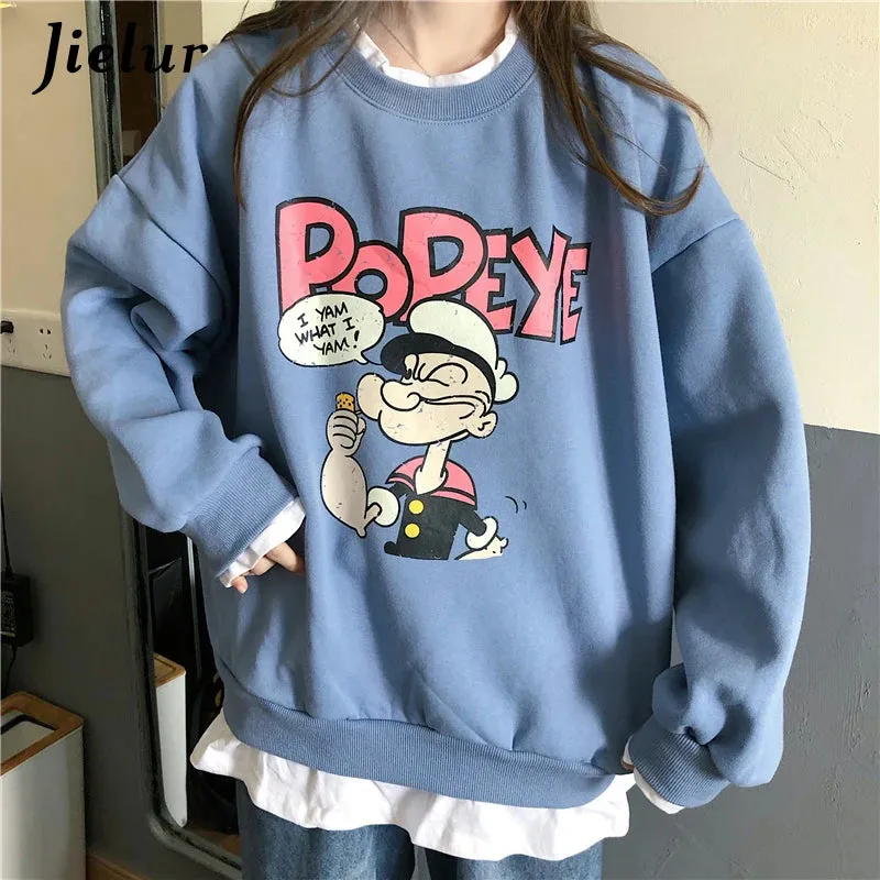 Popeye Cartoon Fake Two Pieces Sweatshirts Female Loose Printed Hoodies Beige Pullovers Kawaii Lovely Women Clothes M-XL